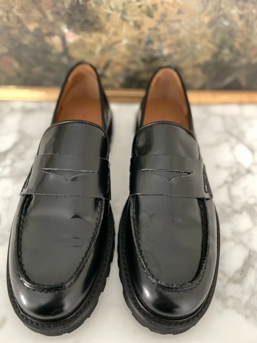 Thursday The Penny Loafers Black Patent Leather Womens Size 10.5 Lug Sole Chunky